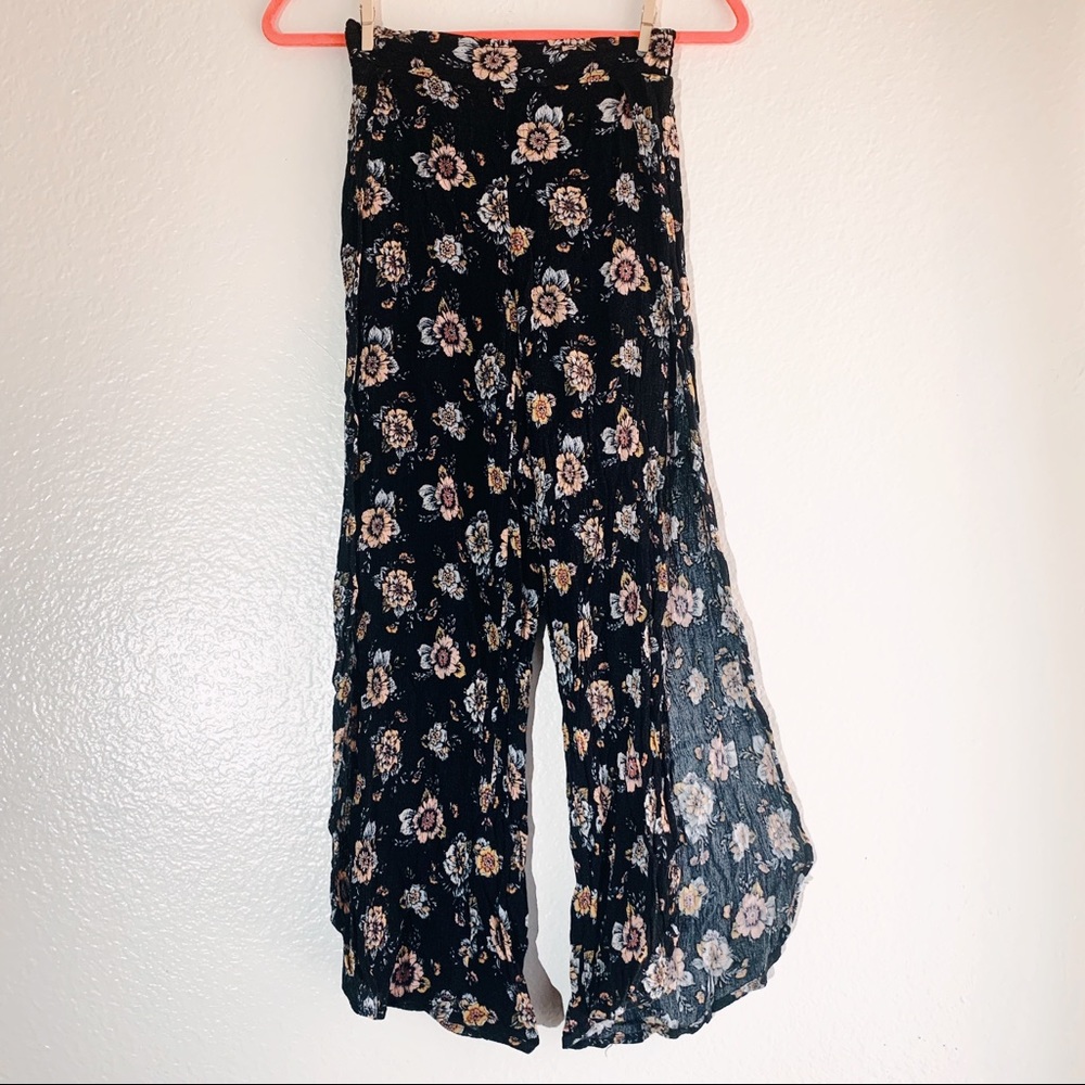 Floral High Side Slit Wide Leg Pants